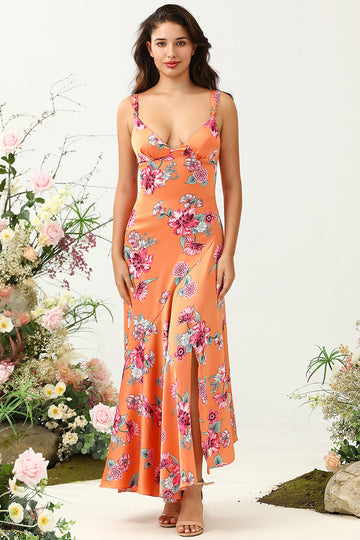 Robe de demoiselle d’honneur asymétrique asymétrique à fleurs orange